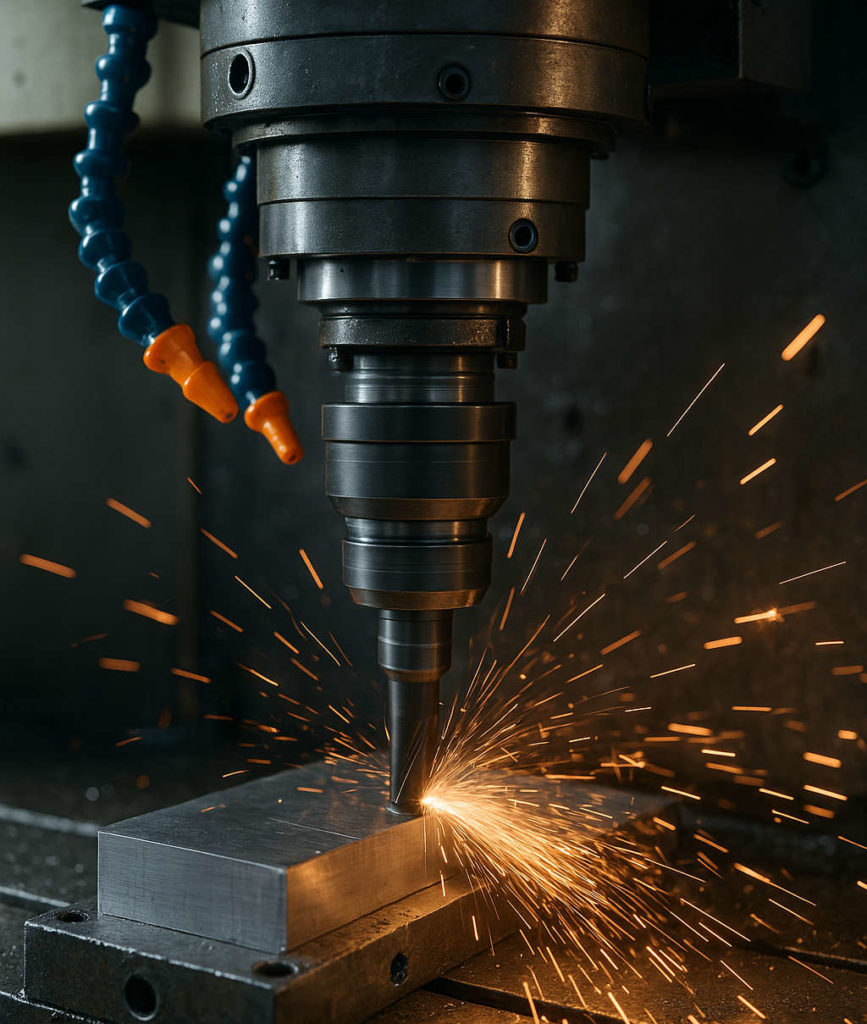 CNC machine cutting a metal block with sparks flying